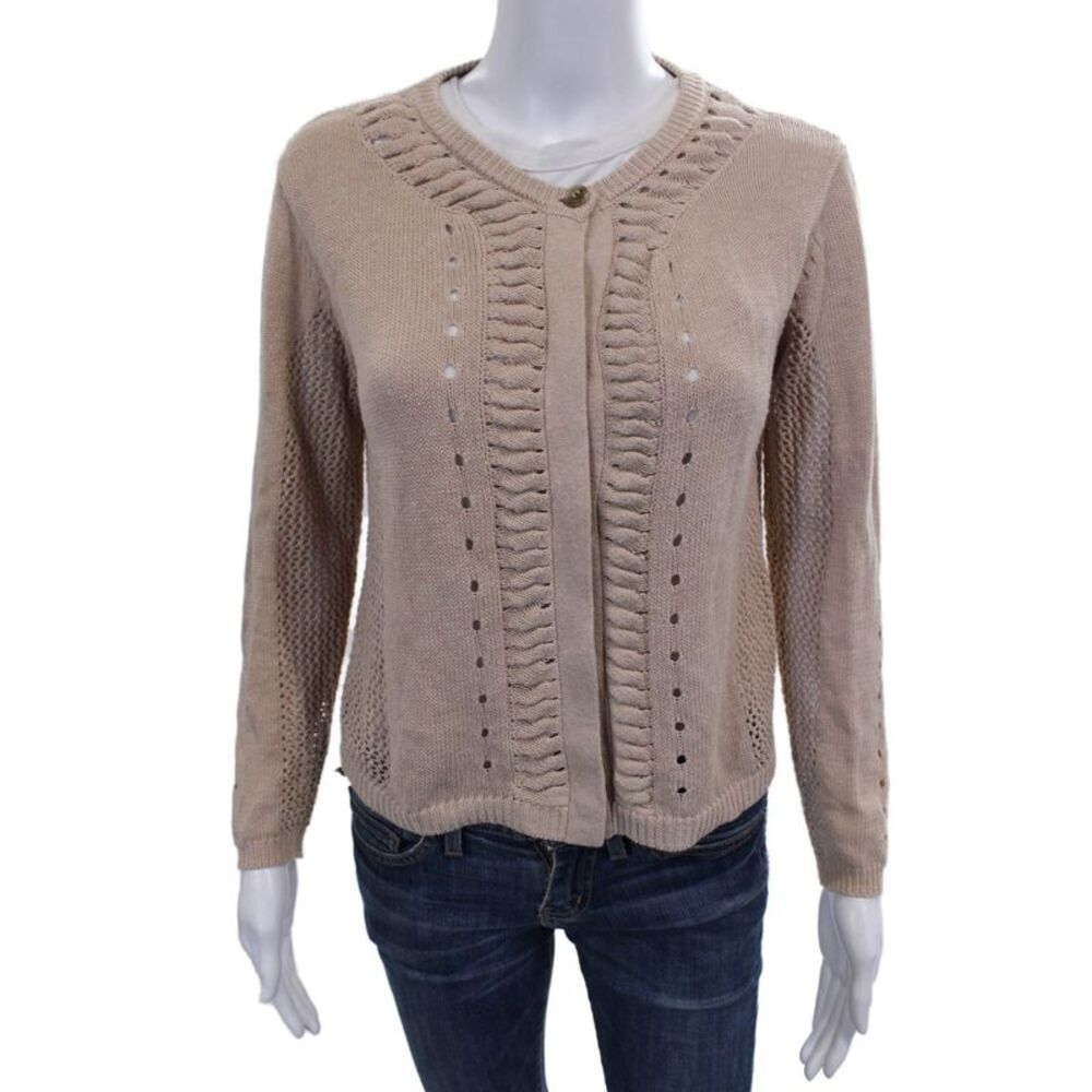 SWTR Womens Cardigan Beige Linen Long Sleeve Round Neck Solid Fall Size M